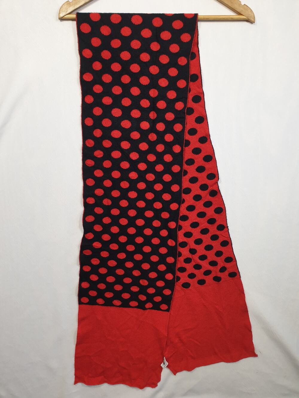 Portolano Cashmere Wool Angora Knit Scarf Reversible Red Black Polka Dot Luxury